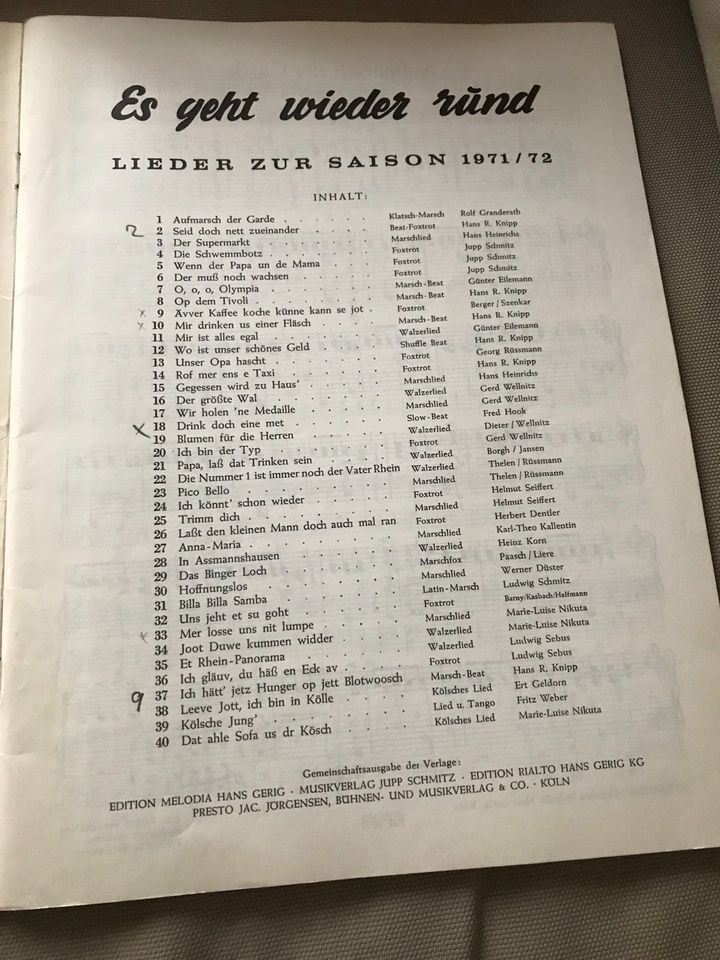 Notenheft, Lieder zur Saison 1971/72, Karnevalslieder, Noten in Köln