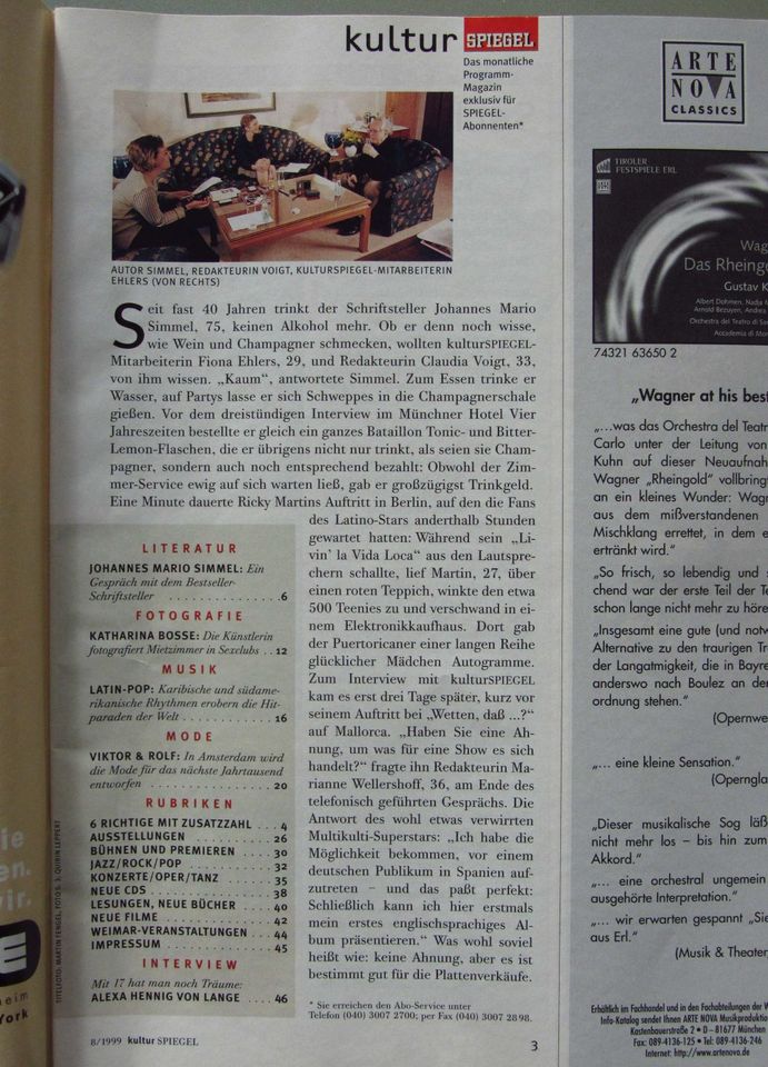 Kultur-Spiegel Heft 8/1999 (u.a. Interview mit von Lange, Simmel) in Mauritz