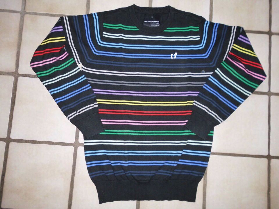 Jungen Baumwoll Strick Pullover Pulli, schwarz/bunte Streifen, XS in Ostbevern