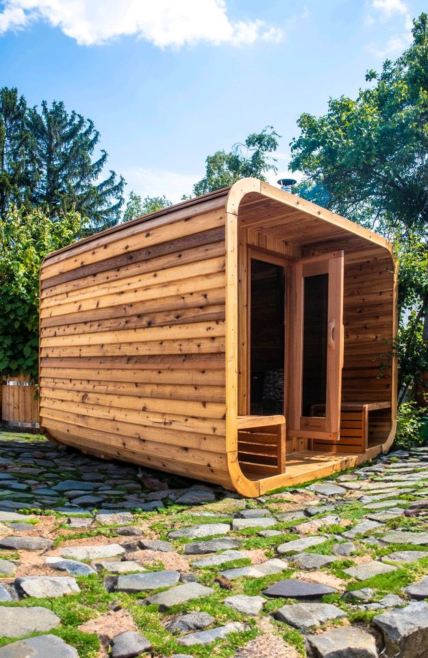 Cube Sauna Zedernholz Red Cedar Knotty Luna Fasssauna Holzofen Saunafass Garten Harvia Huum Hive Heat Haus Badezuber Hot Tub Badefass Brennholz Feuertonne Tiny House Gartenhaus Kamin LED Panorama Holz in Erfurt