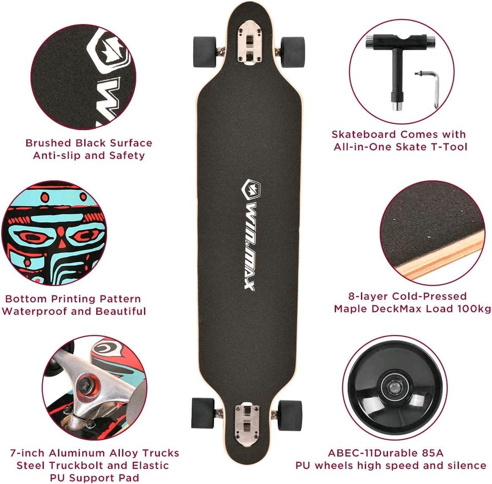 WIN.MAX Longboard Skateboard, 7-lagigem Ahornholz, ABEC-11 + Tool in Oberpleichfeld