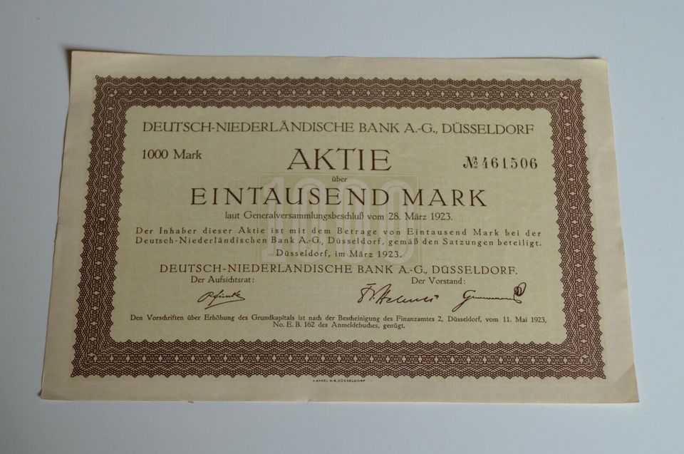 Aktie 1000 Mark Deutsch-Niederländische Bank AG Düsseldorf 1923 in Waldbröl