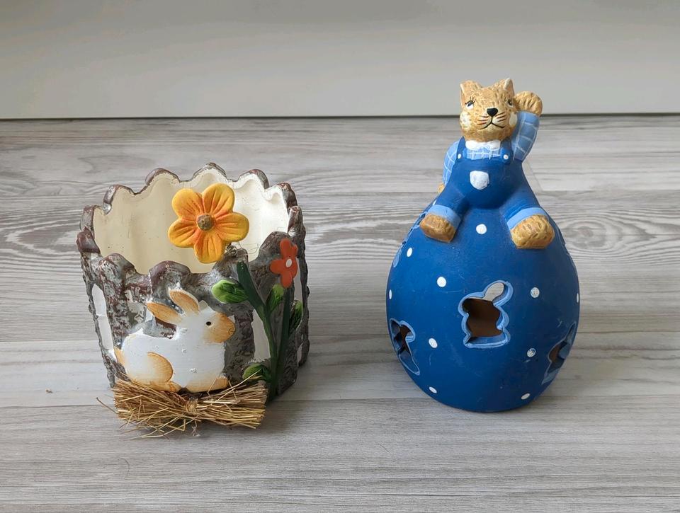 Osterdekoration, Blumentopf, Teelicht, Filzkörbchen, Ostereier, in Hunsrück
