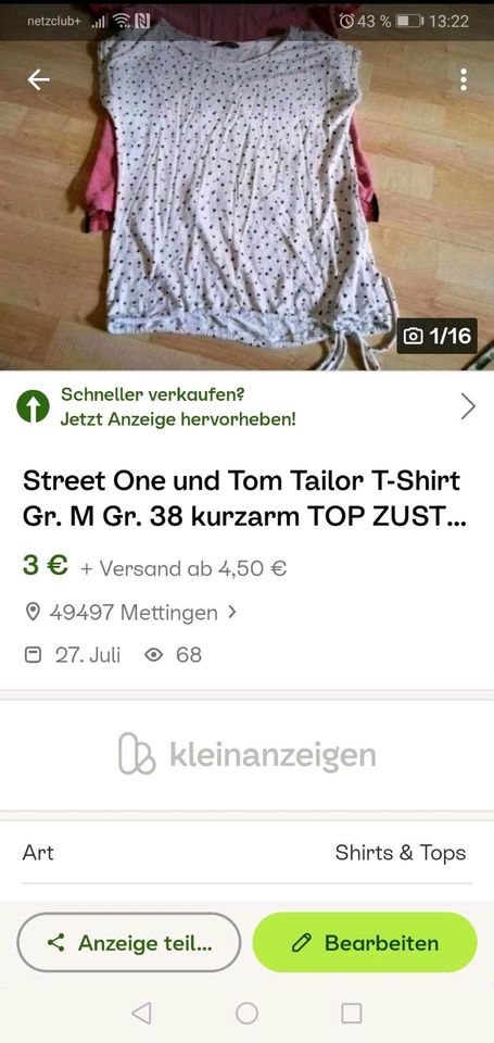 3 T-Shirts zusammen 10€ Gr. 38 Soccx, Street One und Tom Tailor in Mettingen