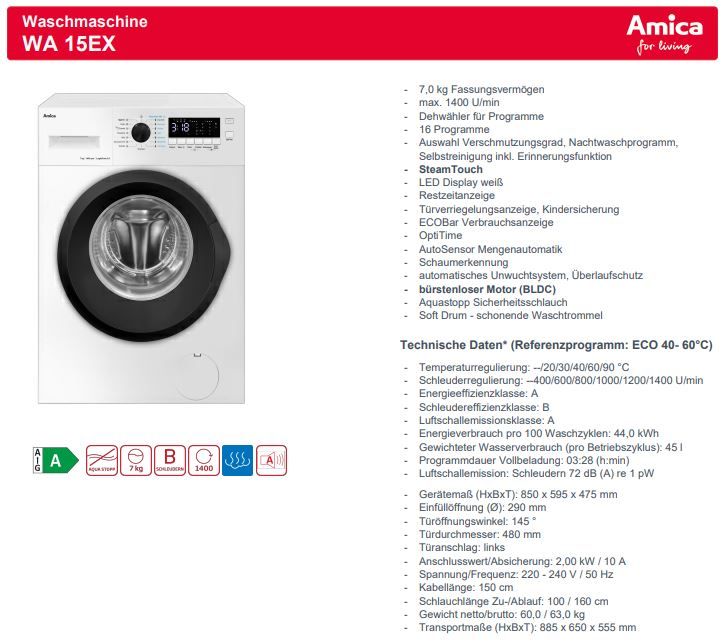 Amica Waschmaschine WA 15 EX in Straubing