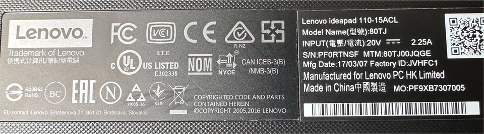 Laptop Lenovo ideapad 110 15 ACL 15,6 Zoll mit Netzteil in Menden