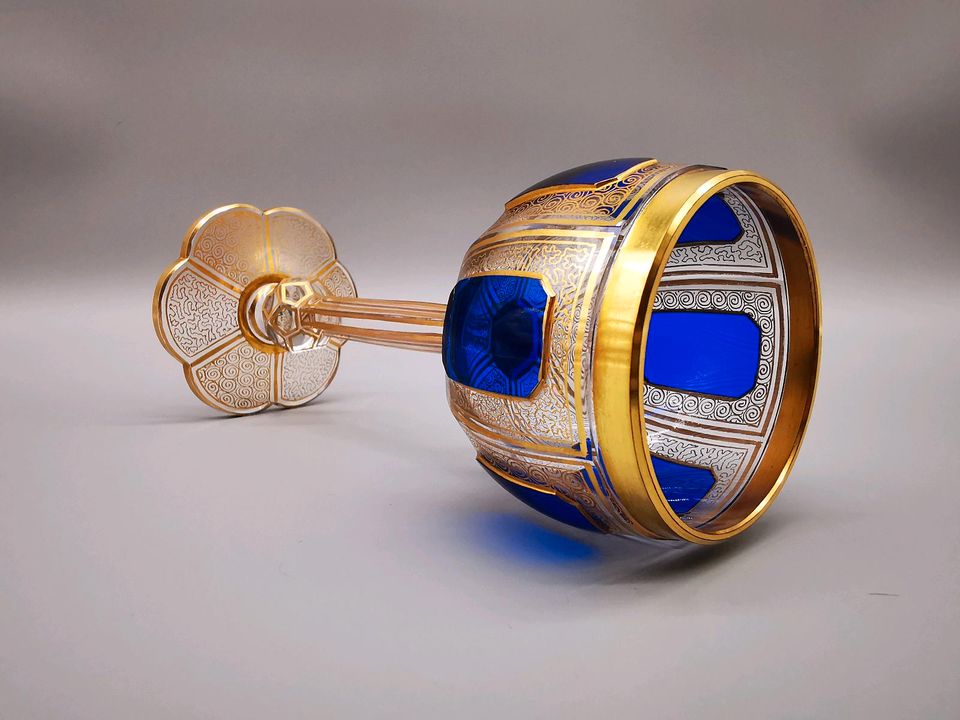 Jugendstil Wein-Glas Römer-Gläser Böhmen blau gold Pokal altes in Herne