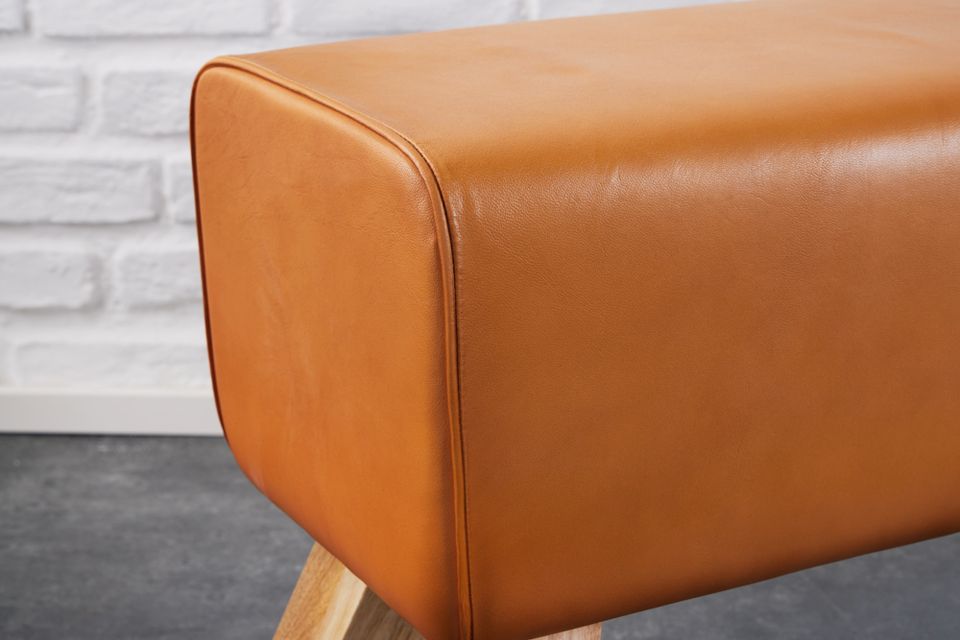 Design Sitzbank TURNBOCK 100cm cognac Echtleder Mangoholz Retro Sitzhocker Riess-Ambiente in Halstenbek