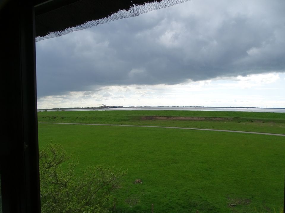 Reetdachhaus mit Blick auf die Elbe und Deichzugang in Glückstadt