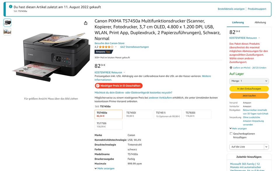 Canon Pixma TS7450a Multifunktionsdrucker in Emden