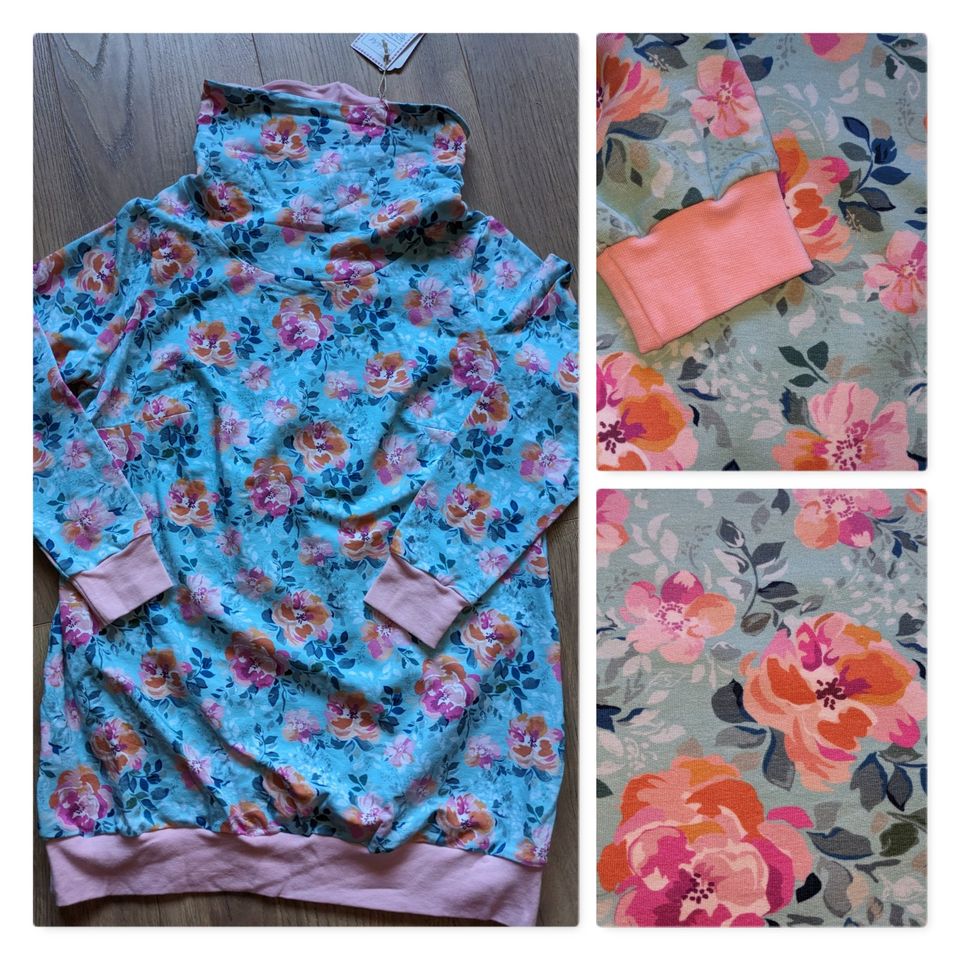 -SUPERSALE- Handmade Hoodie Pulli Blumen 46 48 Blumen türkis rosa in Feldatal