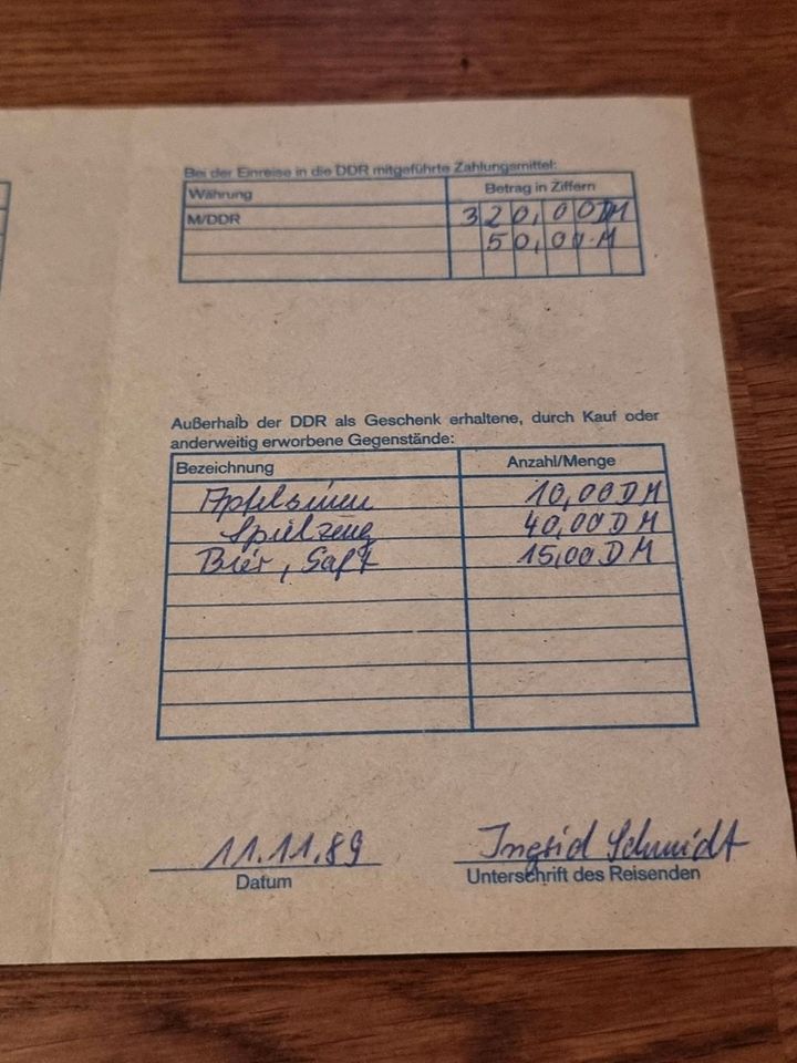 Zoll & Devisenerklärung DDR 11.11.1989 in Stechow-Ferchesar