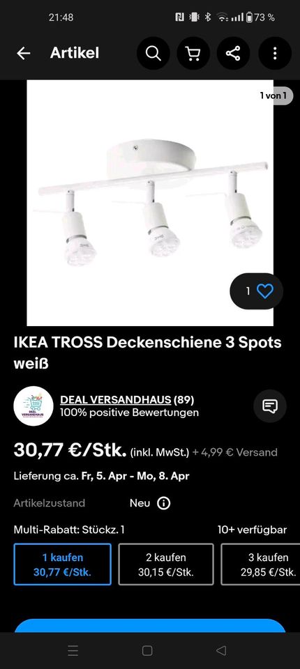 Lampen Ikea Tross weiß mit je drei Strahlern in Burgebrach