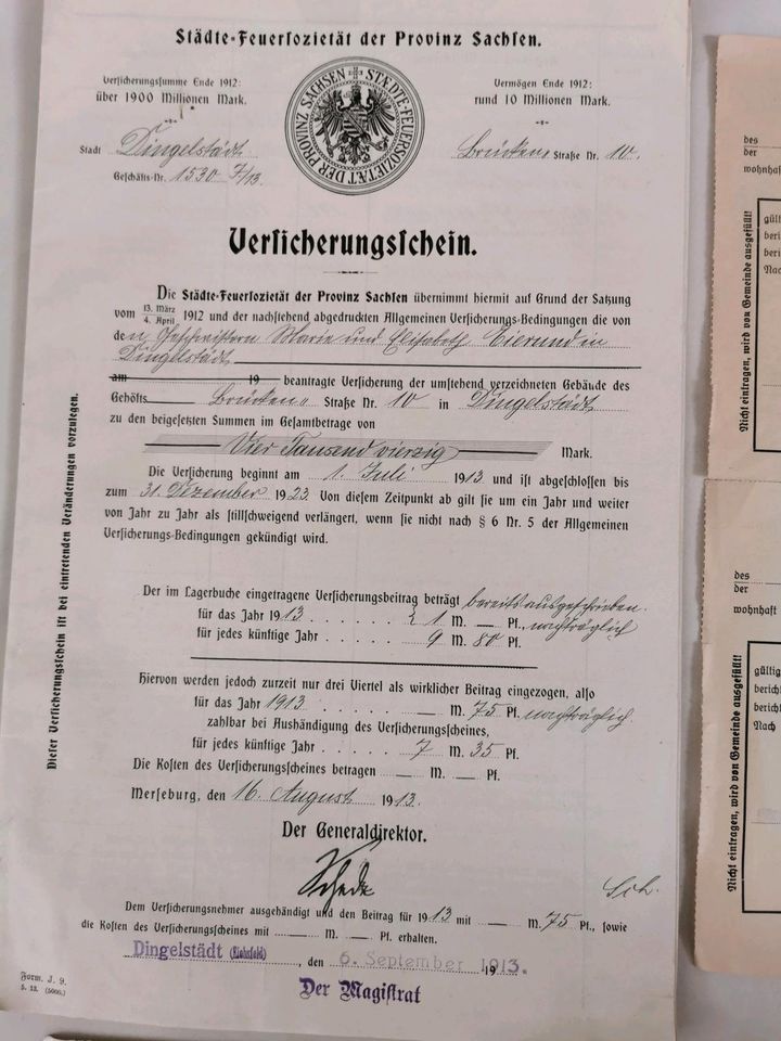 Versicherungsschein 1913 und weitere alte Akten original in Silberhausen