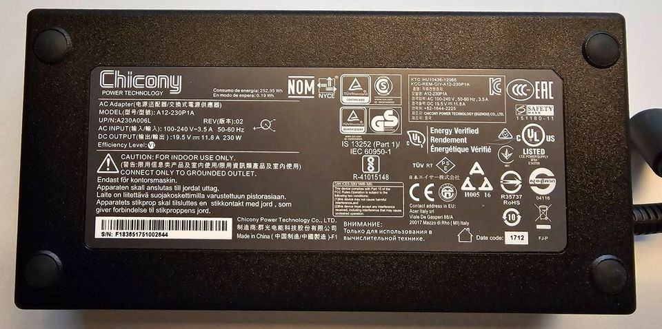 230W Acer Predator Helios 500 Netzteil+Ladekabel Orig,7.4mm * 5.0 in OT Weiher