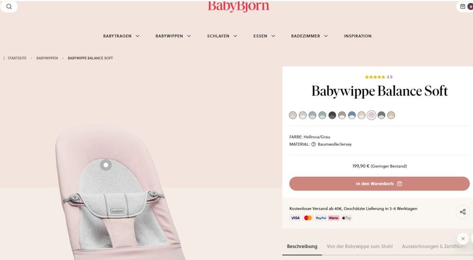 Babybjorn Babywippe Balance Soft mit Spielzeug in Korschenbroich