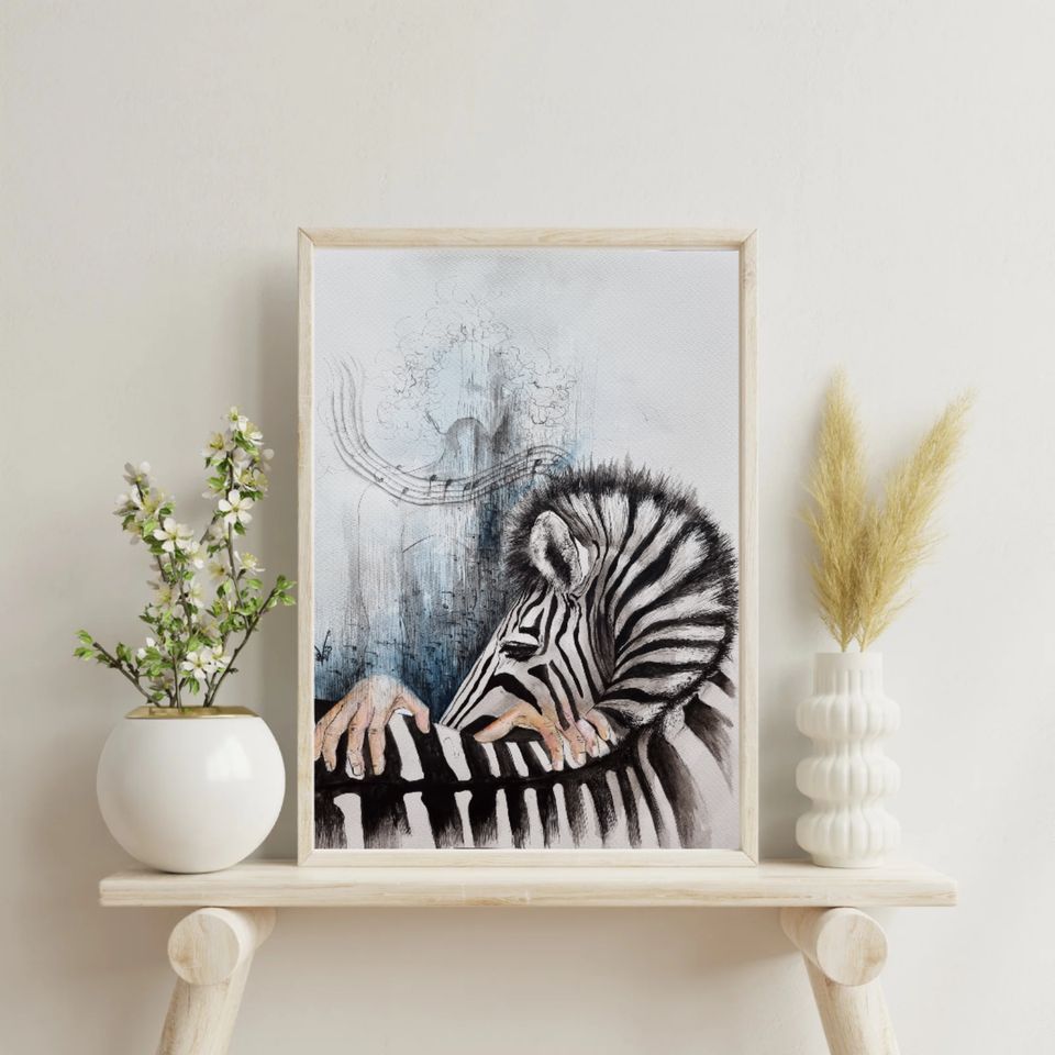 Original Aquarell-Bild, Zebra, Klavier, Geschenkideen, Gemälde in Gotha