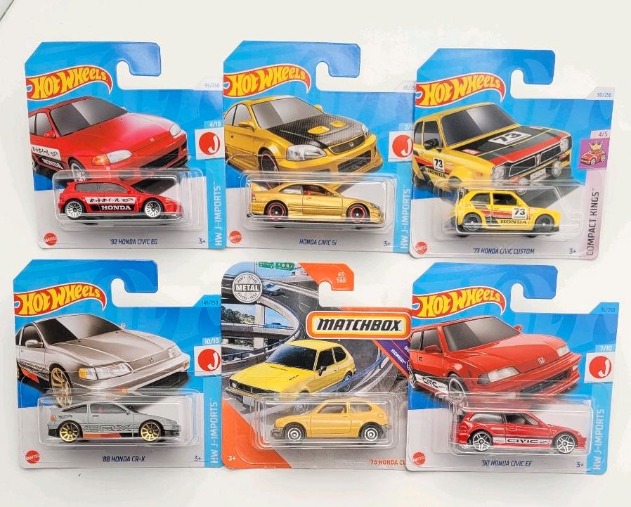 6x HONDA HOT WHEELS CIVIC EG EF SI CUSTOM '88 CRX '76 CVCC in Bochum