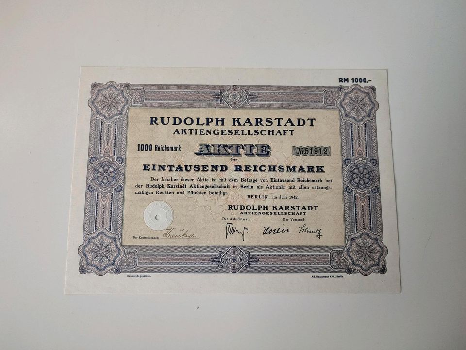 Karstadt Aktie Sammleraktie Rudolph eintausend Reichsmark in Berlin