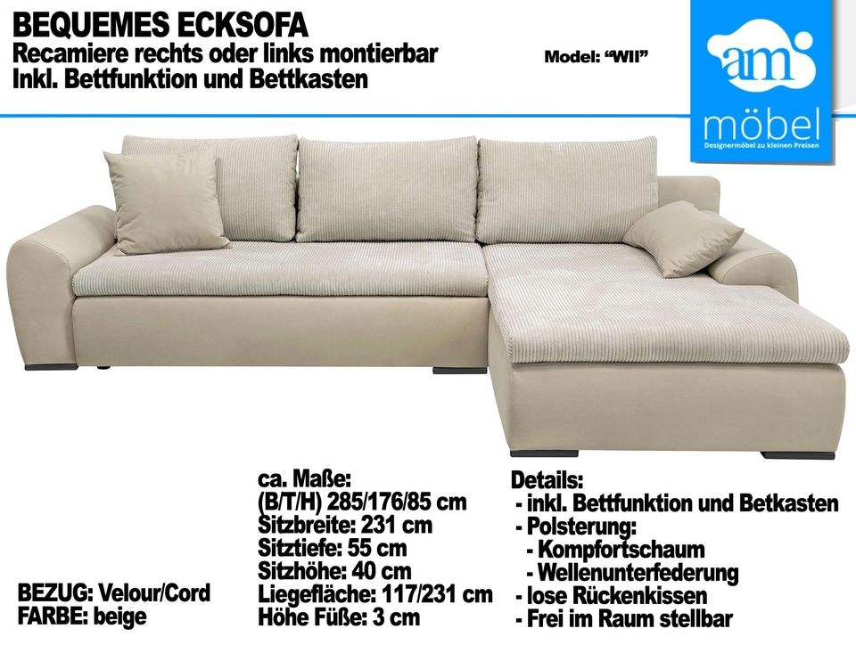 Sofa Couch Wohnlandschaft L Form Bettfunktion/Bettkasten beige in Bremen