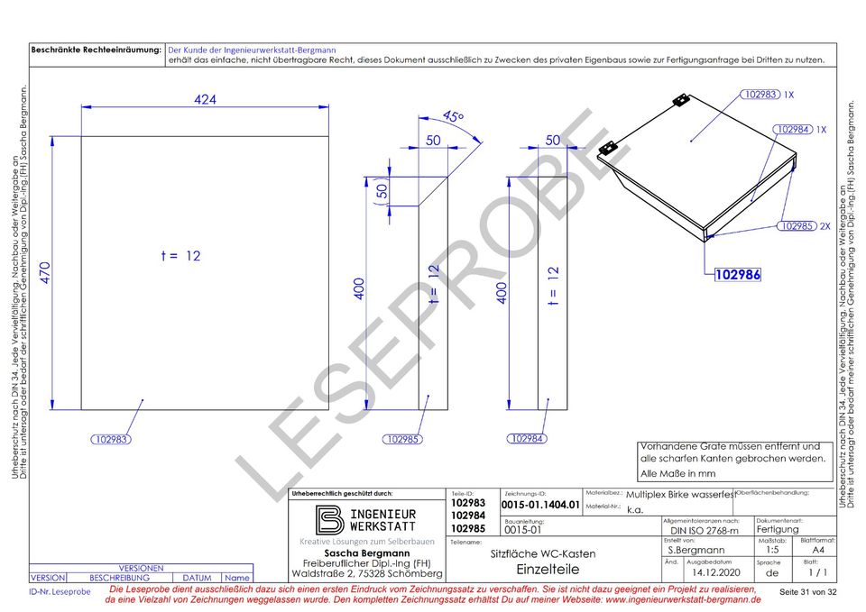 Zeichnungssatz VW T4 Campingmodul (DIN-A4 Ausdruck im Hefter) in Schömberg b. Württ