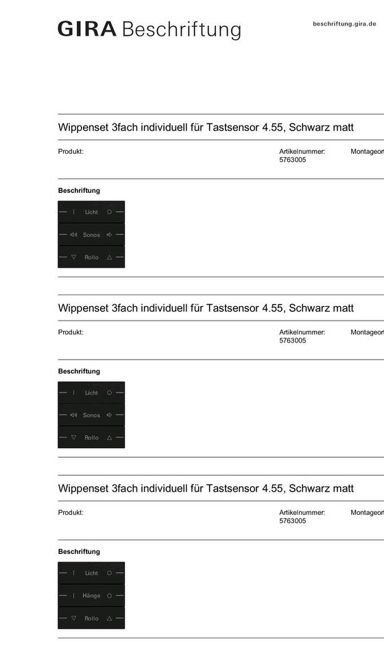 GIRA 5763005 Wippen, NEU - Tastsensor 4.55, individ. Beschriftet in Kiefersfelden