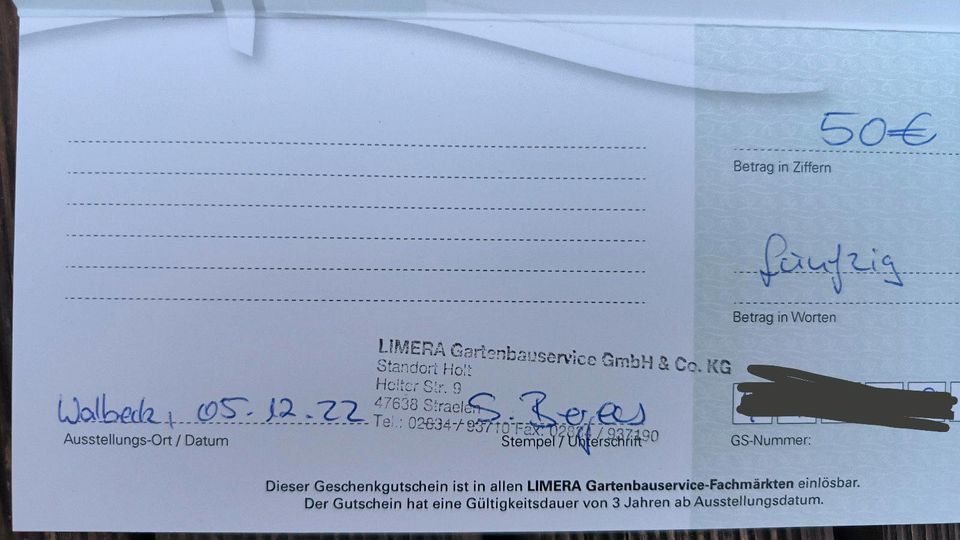 50 Euro Gutschein Limera Merulin Gartenbauservice in Geldern