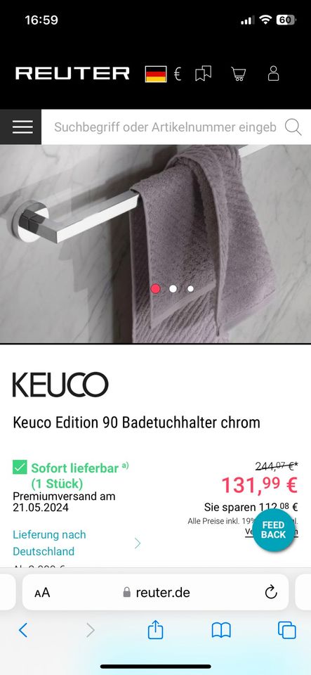 Keuco Edition 90 Badetuchhalter Handtuchhalter chrom - 80cm in Zwenkau