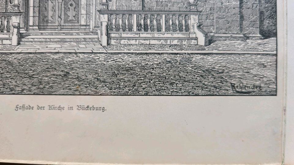 Stahlstich der Fassade der Kirche in Bückeburg aus 1887 in Stadthagen