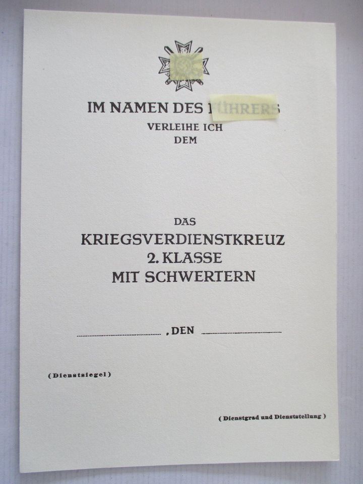 Militaria Blanko Urkunde ( Bürofund )KvK mit Schwertern in Hiddenhausen