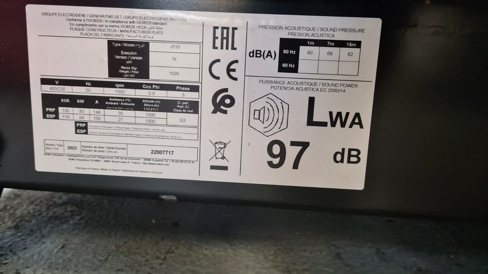 Neue Notstromaggregat SDMO Kohler J110 John Deere 110kVA in Grevenbroich