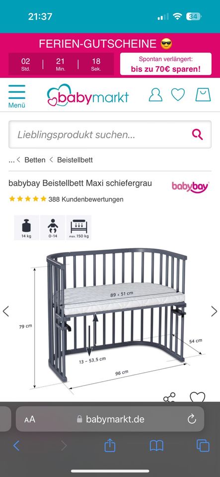 Babybay maxi Beistellbett in anthrazit in Crimmitschau