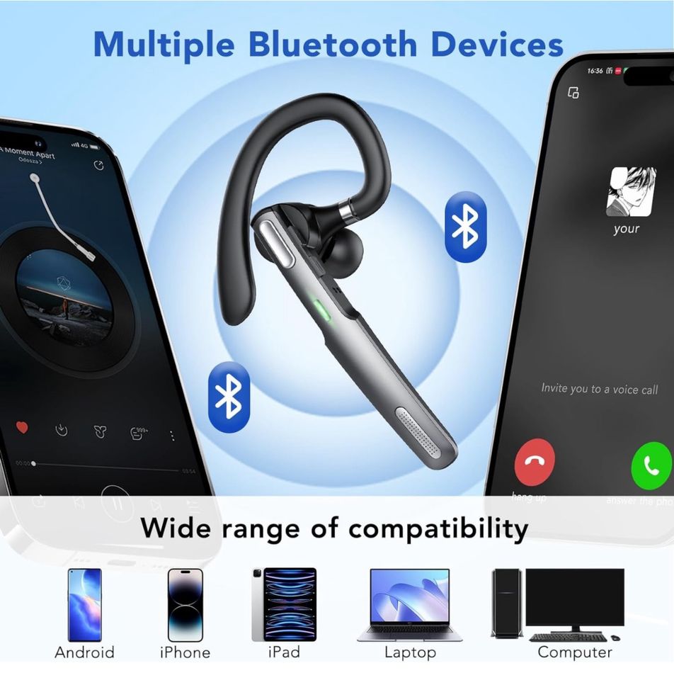 Bluetooth Headset V5.3 mit Dual Mic 100H Stunden Sprechzeit *Neu* in Idstein