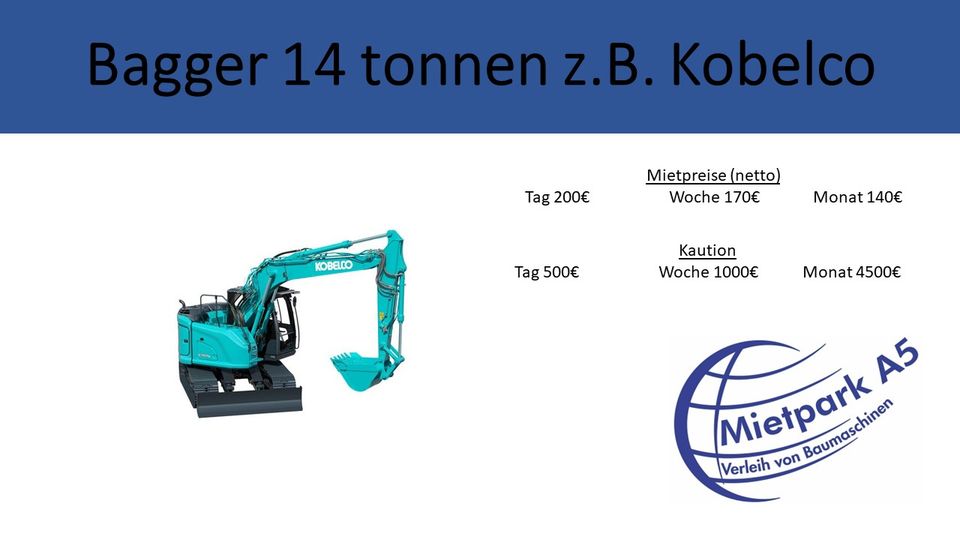 !!! Mietpark-A5 17to Bagger Kobelco SK 140 srl-7 Mieten !!! in Mücke