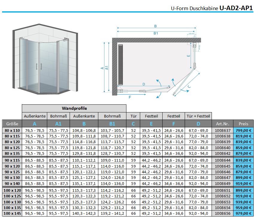 Fünfeckdusche Fünfeck Duschkabine Glasdusche Duschabtrennung 80x110, 80x115, 80x120, 80x125, 80x135, 90x115, 90x120, 90x125, 90x130, 90x140, 100x120, 100x125, 100x130, 100x135, 100x145, 120x100 cm in Bad Essen