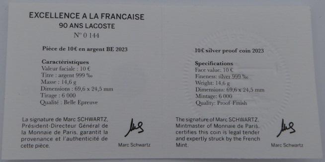 10 € Silber-Gedenkmünze „Lacoste Tennisschläger“ 2023, PP Frankr. in Tübingen