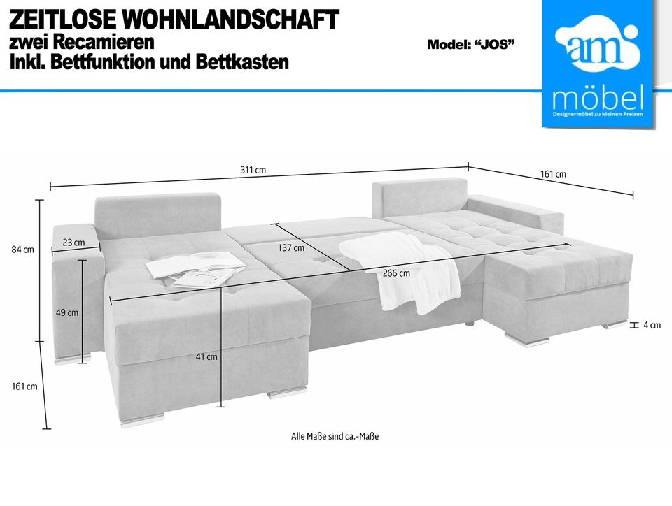 Sofa Couch Wohnlandschaft U Form Bettfunktion-Bettkasten Cord gra in Bremen