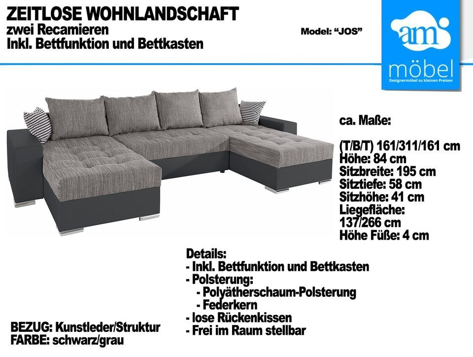 Sofa Couch Wohnlandschaft U Form Bettfunktion-Bettkasten, Federke in Bremen