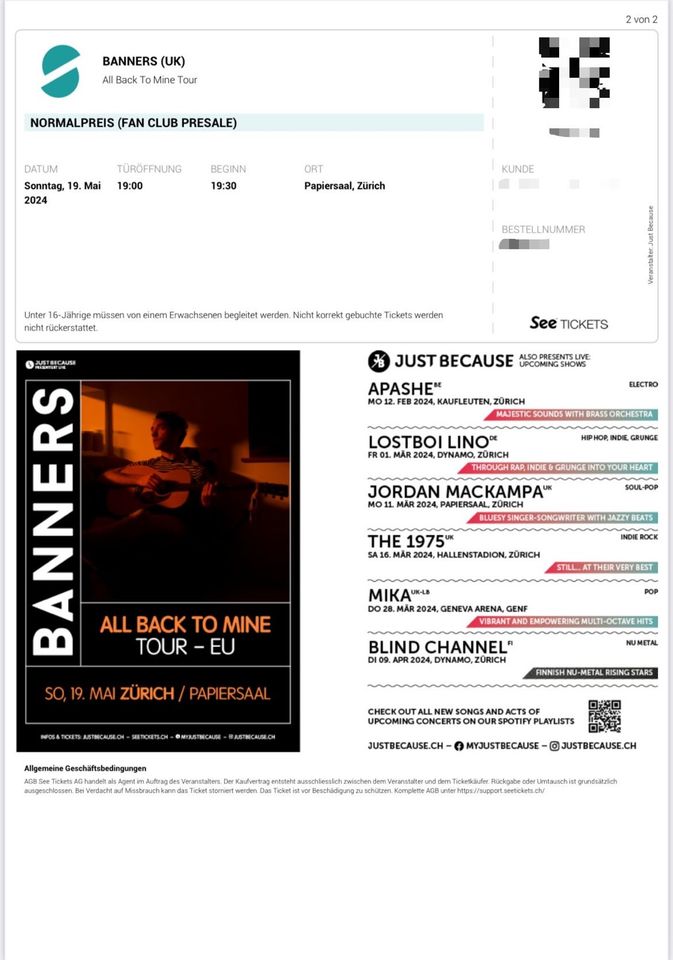 ‼️ BANNERS ~ALL BACK TO MINE ~ live*19. Mai 2024*Zürich*2 Tickets in Birkenwerder