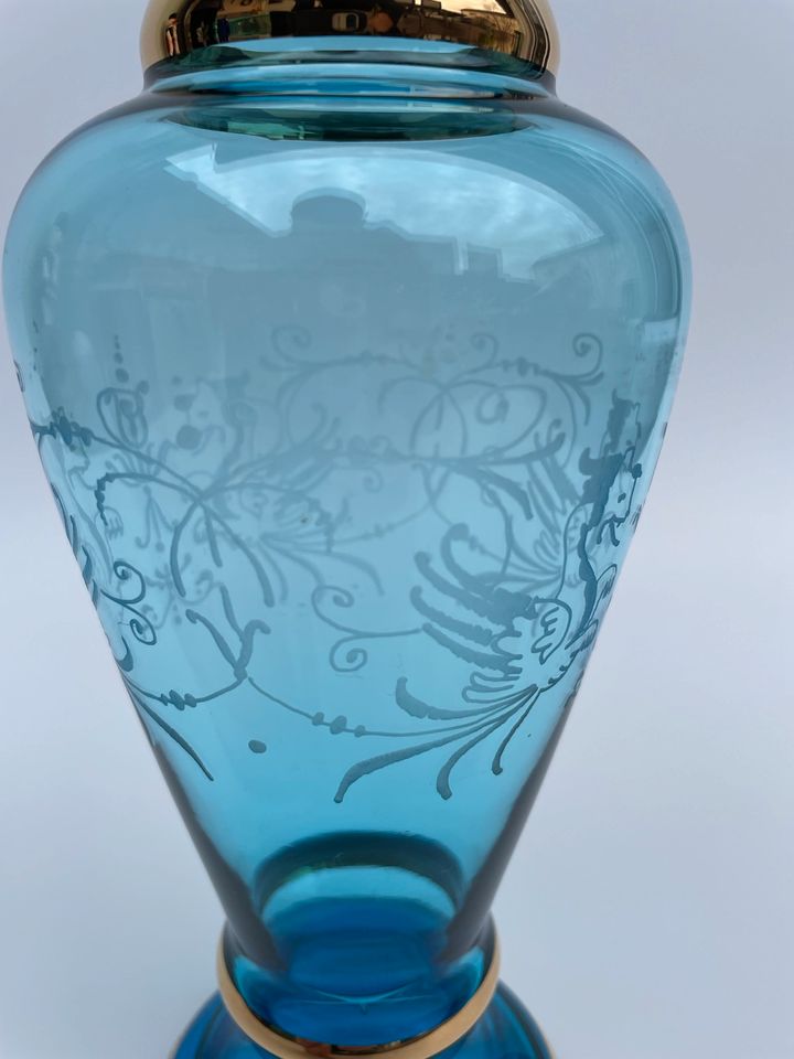 Vase Glasvase blau mit Goldrand 25cm in Schipkau