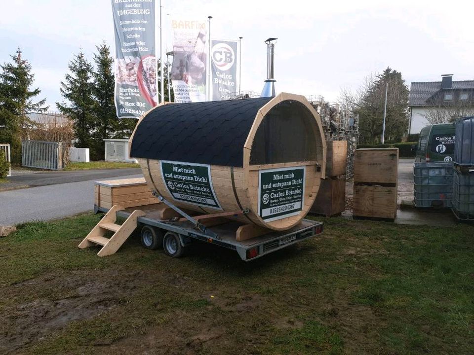 Fasssauna Saunawagen Saunafass Miet Sauna vermieten Mietsauna in Nieheim