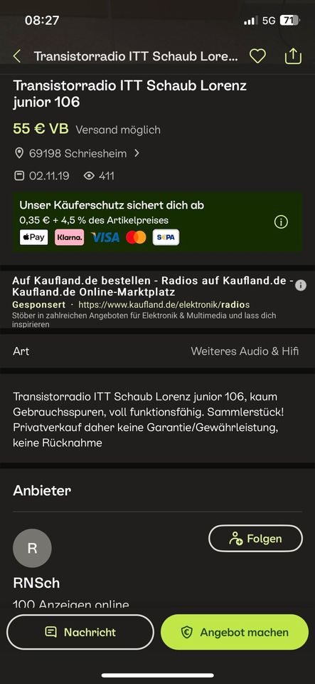 Itt Junior Electronic 106 schraub-Lorenz Radio Alt Transitorradio in Dietfurt an der Altmühl