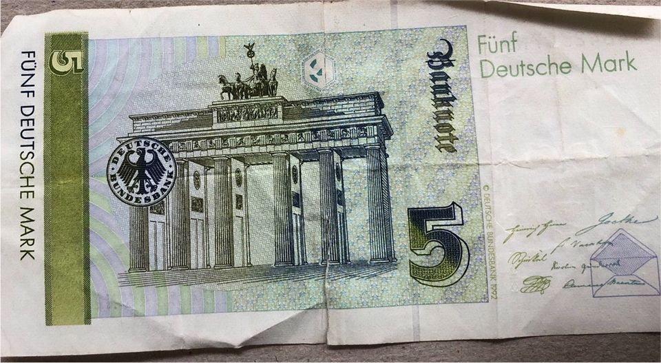 50 Schilling, 10 Deutsche Mark; Fünf Markschein 1991 in Walting