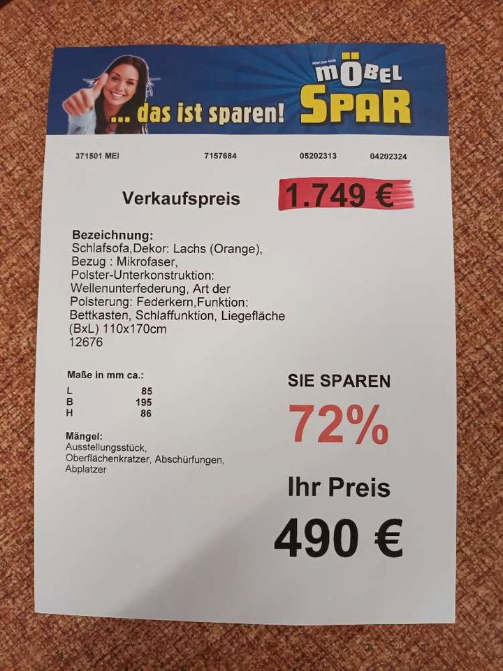 Schlafsofa, Lachsorange, Mikrofaser, Bettkasten, statt 1749 € in Meißen