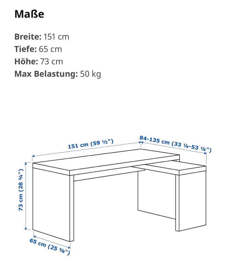 Schreibtisch mit Ausziehplatte, schwarzbraun, 151x65 cm in Ulm