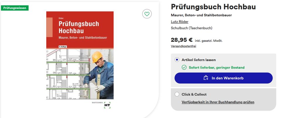 Prüfungsbuch Hochbau 9. Auflage Maurer/Betonbauer in Hannover