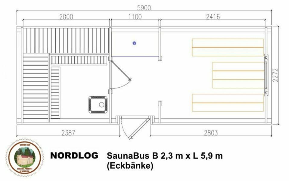 LUXURY NordLog SAUNA BUS 2,3 x 5,9m /Eckbänke/ GARTENSAUNA in Weil der Stadt