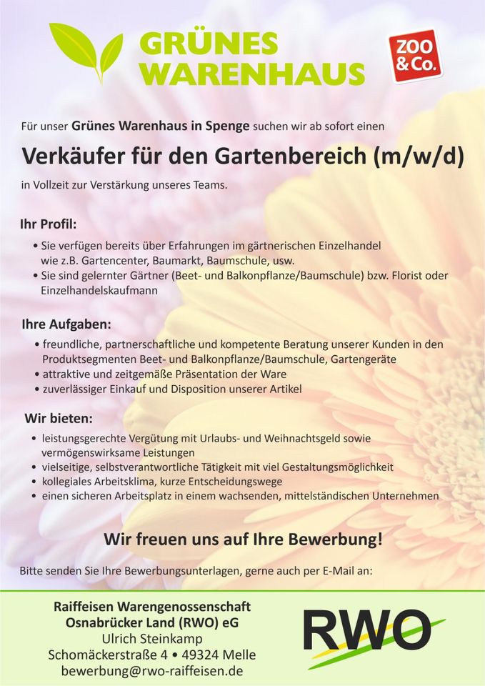 Verkäufer für den Gartenbereich (m/w/d) Grünes Warenhaus Spenge in Spenge