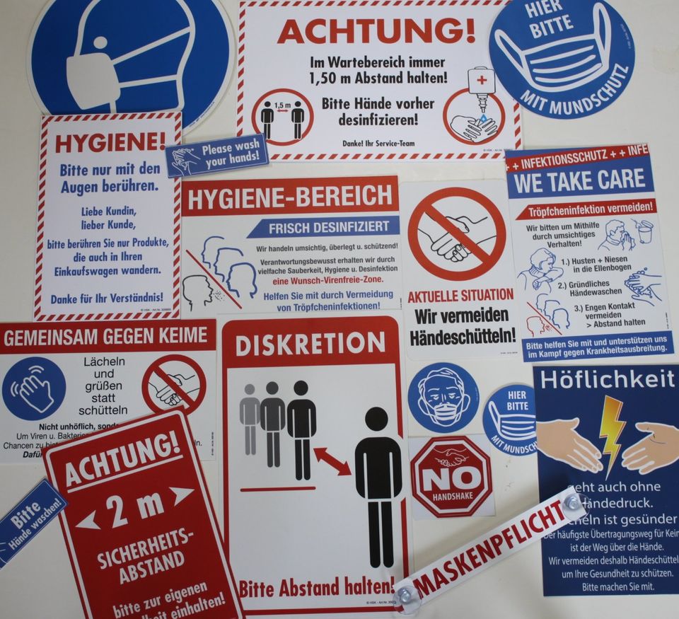 Verschiedene Gebots- und Verbotsschilder für Hygiene Regeln in Roßbach Westerwald