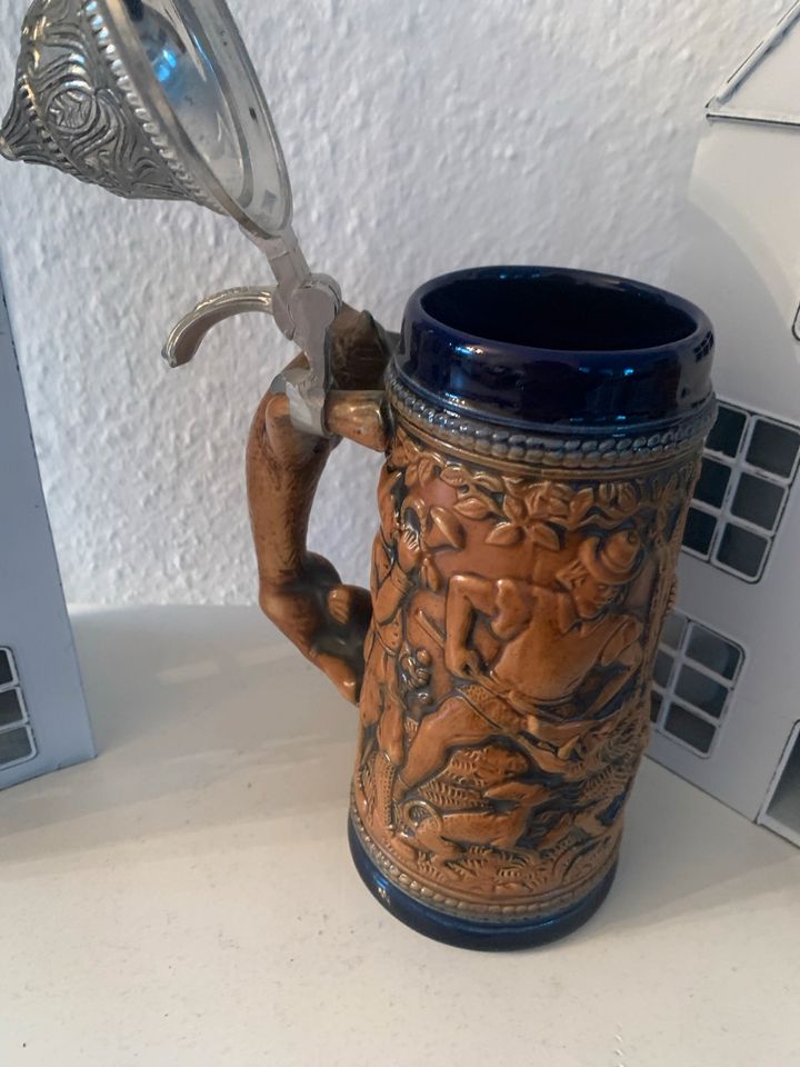 Original Gerzit Gerz Bier Krug Zinn Deckel Jagd Fuchs Motiv in Solms